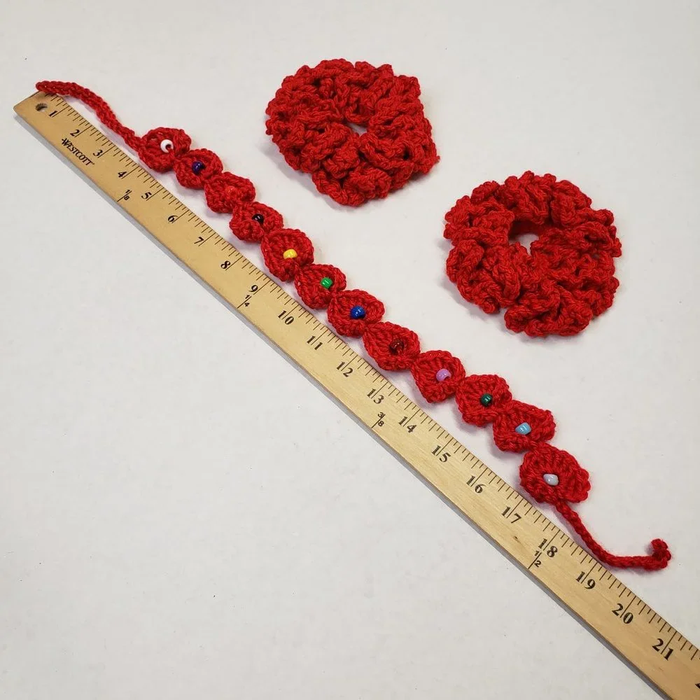 Woman's Handmade Crochet 2 Scrunchies and Beaded Headband Red New